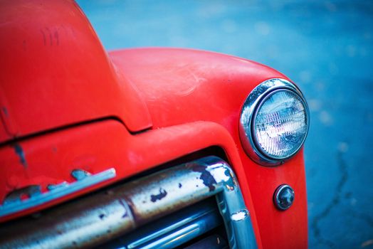 Red Rusty Oldtimer Pickup Closeup Photo. 