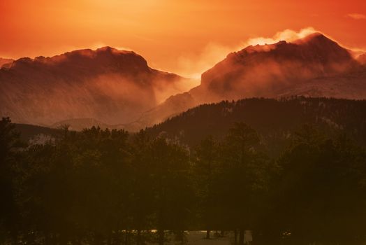 Rocky Mountain Sunset, Colorado Rocky Mountains Covered by Clouds at Sunset