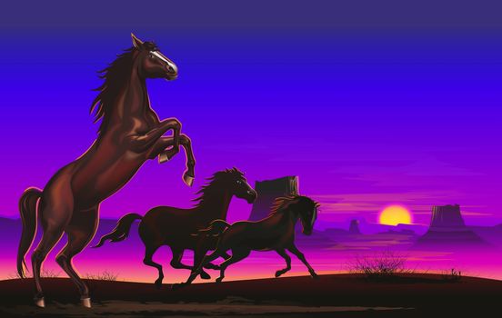 Three Wild Horses on the American Prairie Illustration. Wild Arizona Landscape.
