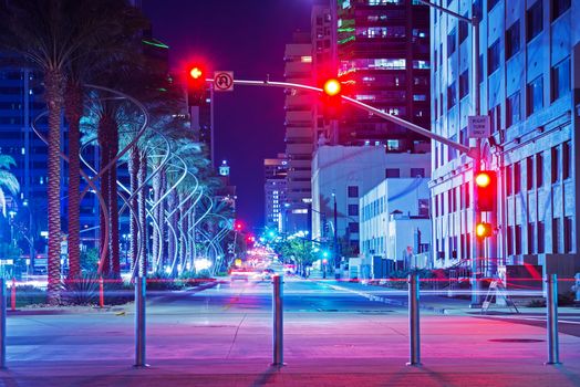 San Diego City Center Intersection at Night. Red Lights Traffic Lights. San Diego, California, USA.