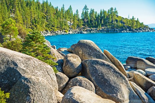 Rocky Lake Tahoe Shore Landscape. Summer at Lake Tahoe, California, USA.