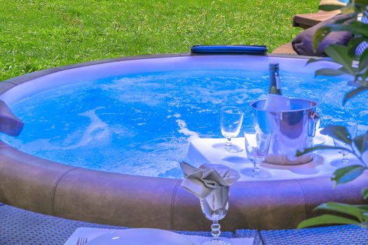 Jacuzzi in a garden with two champagne glasses and a bottle of champagne in a blue tint.
