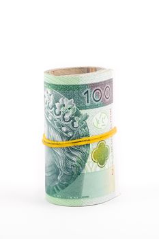 Rolled up Polish money on a white background