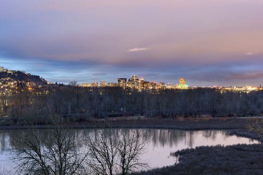 Portland Oregon Downtown City Skyline View from Oaks Bottom Wildlife Refuge at twilight