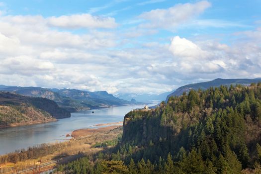 Crown Point Viewpoint Overlooking Columbia River Gorge Scenic Area on a cloudy day with blue sky in Oregon