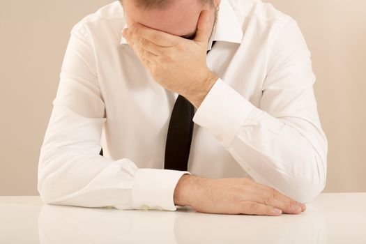 Office sales worker man overworked happy burn out tired