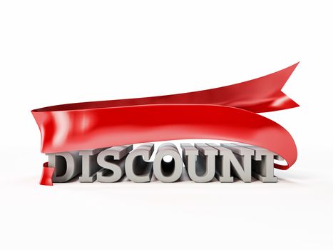 volume letters with the word "discount" and colorful red ribbon. promotion advertising render illutsration isolated on white background