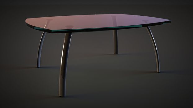 glass table with transparent top and metal legs. indoor home furniture on isolated dark background
