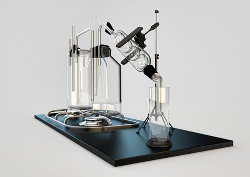 hooch still. device for cooking alcohol. moonshine of transparent flasks and retorts for distillation of liquids. illustration of chemical reactions, evaporation, sublimation, getting strong alcohol.