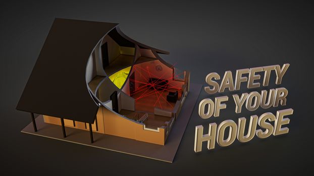 home security system. Illustration about safety with image of house in cut. lasers, motion detectors, surveillance cameras, and safe deposit facilities