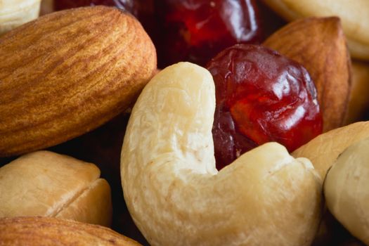 A mixture of various nuts with dried fruit closeup