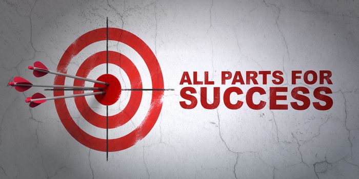 Success finance concept: arrows hitting the center of target, Red All parts for Success on wall background