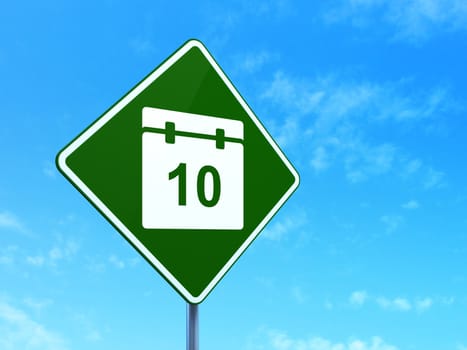 Time concept: Calendar on green road highway sign, clear blue sky background, 3d render