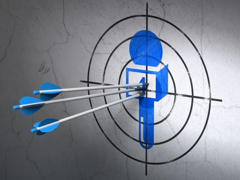 Success news concept: arrows hitting the center of Blue Microphone target on wall background