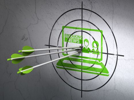 Success news concept: arrows hitting the center of Green Breaking News On Laptop target on wall background