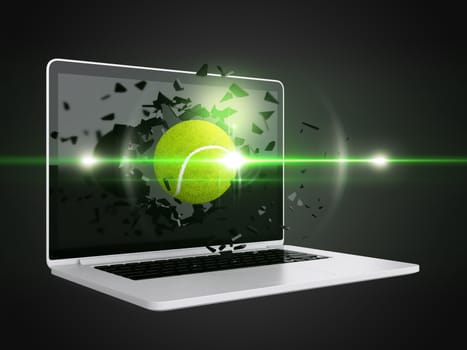 tennis ball destroy laptop, sport background, technology background