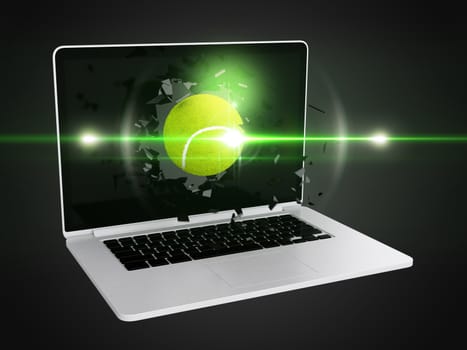 tennis ball destroy laptop, sport background, technology background