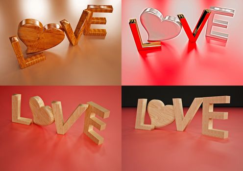 Set of pictures dimensional inscription of LOVE and heart near it.