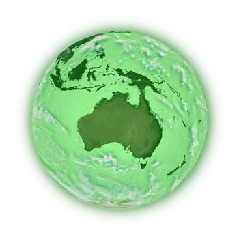 Australia on green planet Earth isolated on white background. Highly detailed planet surface. Elements of this image furnished by NASA.