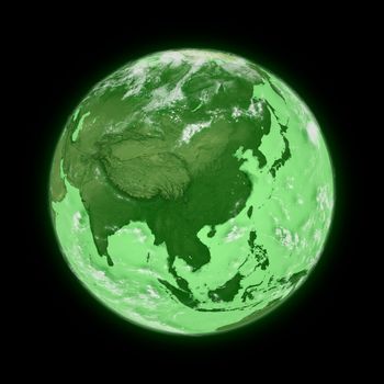 Southeast Asia on green planet Earth isolated on black background. Highly detailed planet surface. Elements of this image furnished by NASA.