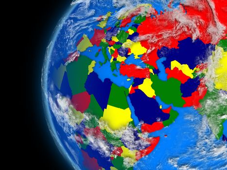 Illustration of EMEA region on political globe with atmospheric features and clouds