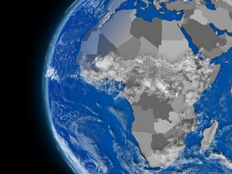 Illustration of African continent on political globe with atmospheric features and clouds