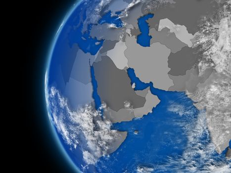 Illustration of middle east region on political globe with atmospheric features and clouds