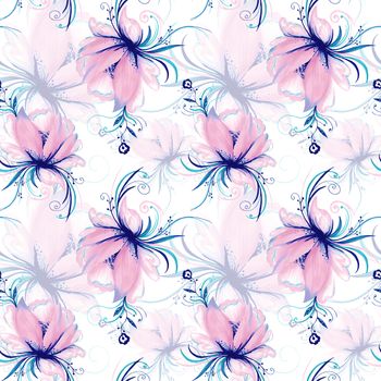 Seamless texture with ornamental lotus flowers isolated on white background