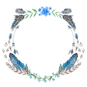 Creative tribal style round frame with blue forest flowers and feathers
