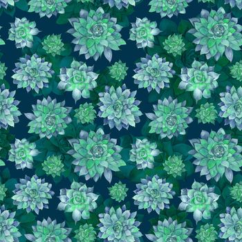 Watercolor tribal texture with cactus plants on blue background for textile and wallpaper design