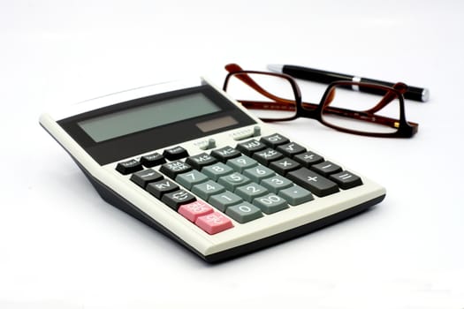 Calculator and glasses isolated on white background, Business concept with accounting calculator