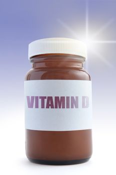 Vitamin D medicine jar with sunshine in the background