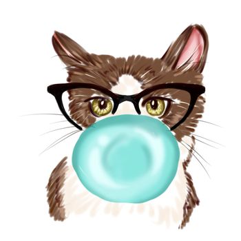 Hand drawn Watercolor Illustration - Illustration of cat with bubble gum and eyeglasses