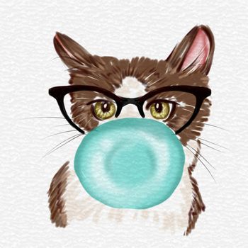 Hand drawn Watercolor Illustration - Illustration of cat with bubble gum and eyeglasses on watercolor paper texture