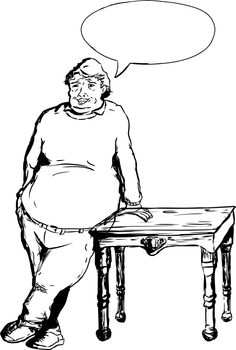 Overweight mature laughing European male leaning on table with hand next to word balloon