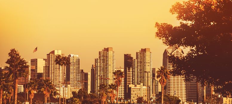 San Diego Sunset Panorama. Panoramic Photography of San Diego Skyline at Sunset. California, United States.