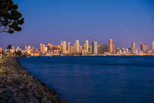 San Diego Bay Skyline at Night. San Diego, California. Summer Night.