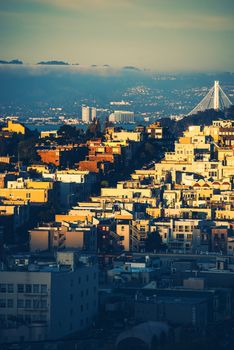 Residential Hill in San Francisco, California, USA. Sunset and Famous San Francisco Architecture.