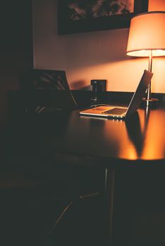 Hotel Computer Work Station at Night. Working When Travel