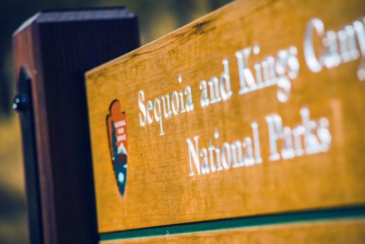 Sequoia and King Canyon National Parks Wooden Entrance Sign Closeup. California, USA.