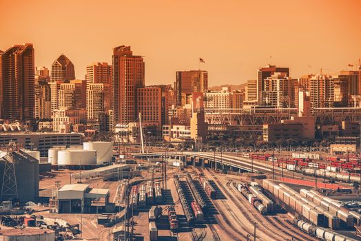 Downtown San Diego, California, USA. Downtown Area with Railroad Hub. Southern California City. San Diego is the  Eighth Largest City in the United States.