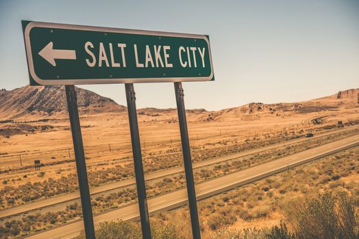 Salt Lake City Road Sign on the Interstate I-80 Somewhere near Utah and Nevada Border. 