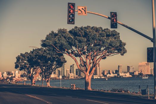 San Diego Bay Road and the Skyline. Harbor Island Drive, San Diego, California, USA. Vintage Color Grading.