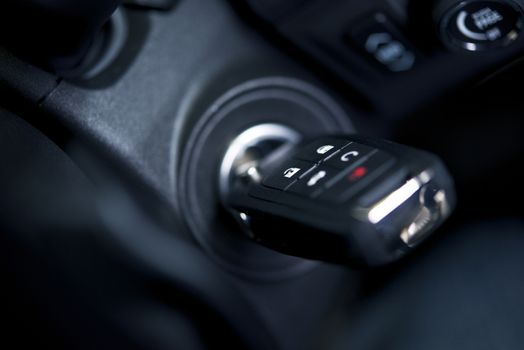 Modern Car Keys with Remote in Ignition Keyhole