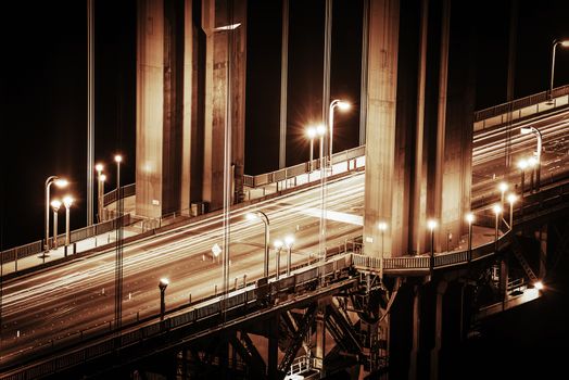 Golden Gate Bridge Iron Elements Details. Night Photography. Toll Bridge Highway. San Francisco, California, USA.