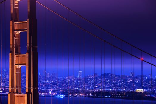 Iconic San Francisco Downtown and Golden Gate Bridge at Night. California, USA.