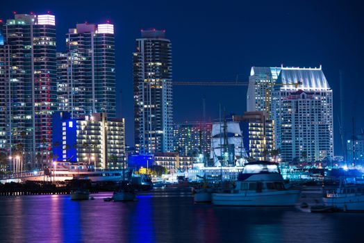 San Diego Marina at Night. San Diego Skyline and the Bay.