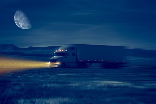 Night Truck Drive in Desert Area. Trucking Concept Illustration.