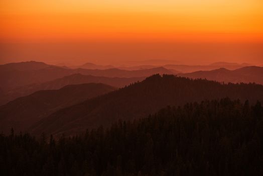 Sierra Nevada Summer Sunset. California Sierra Nevada Mountains Nature Silhouette. California USA.