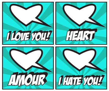 Valentines Day Stickers and speech bubbles I love You! Amore! Heart! I hate You!